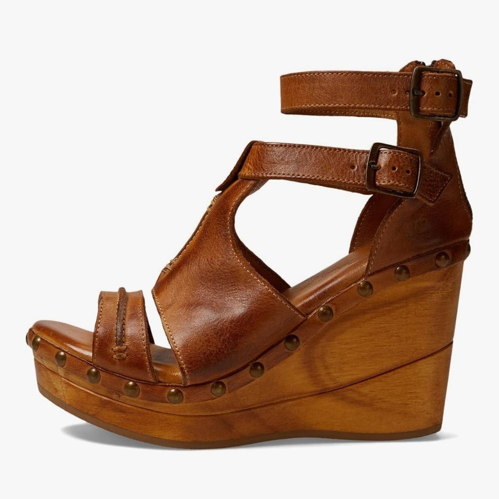Brown Leather Wedge Sandals with Adjustable Straps